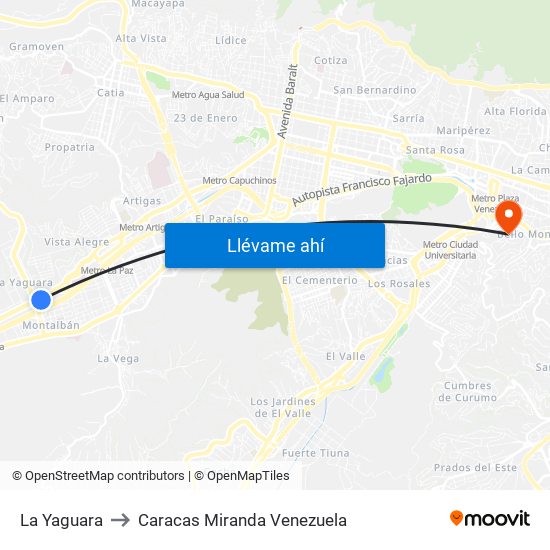 La Yaguara to Caracas Miranda Venezuela map
