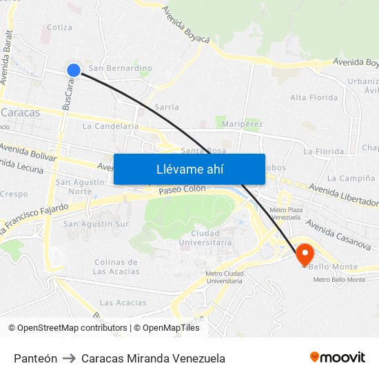 Panteón to Caracas Miranda Venezuela map