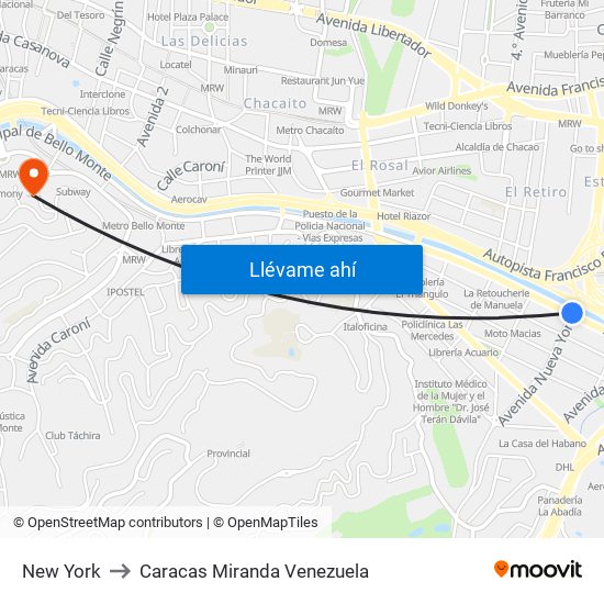 New York to Caracas Miranda Venezuela map