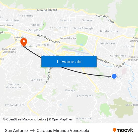 San Antonio to Caracas Miranda Venezuela map