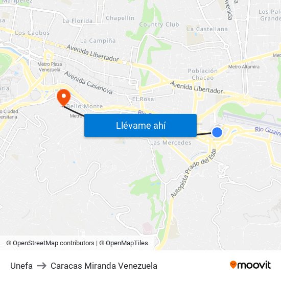 Unefa to Caracas Miranda Venezuela map