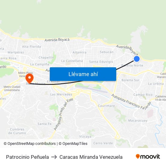 Patrocinio Peñuela to Caracas Miranda Venezuela map
