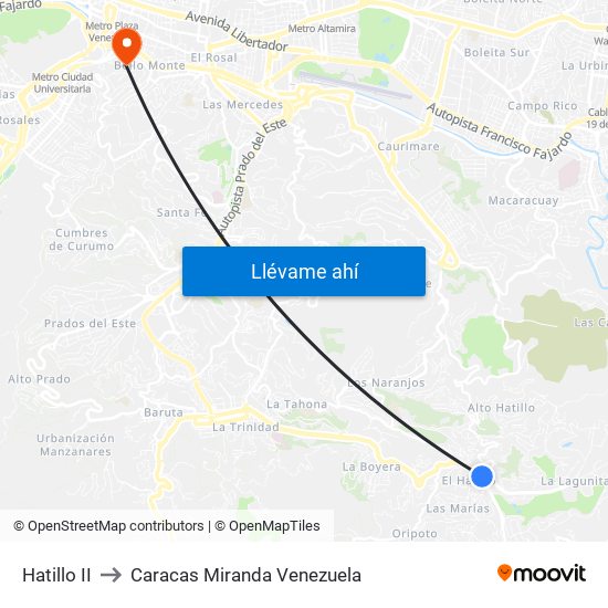 Hatillo II to Caracas Miranda Venezuela map