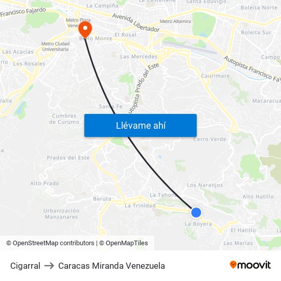 Cigarral to Caracas Miranda Venezuela map