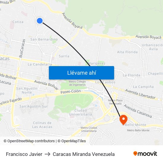 Francisco Javier to Caracas Miranda Venezuela map