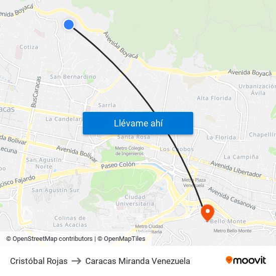 Cristóbal Rojas to Caracas Miranda Venezuela map