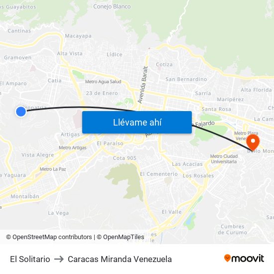 El Solitario to Caracas Miranda Venezuela map
