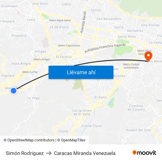Simón Rodriguez to Caracas Miranda Venezuela map
