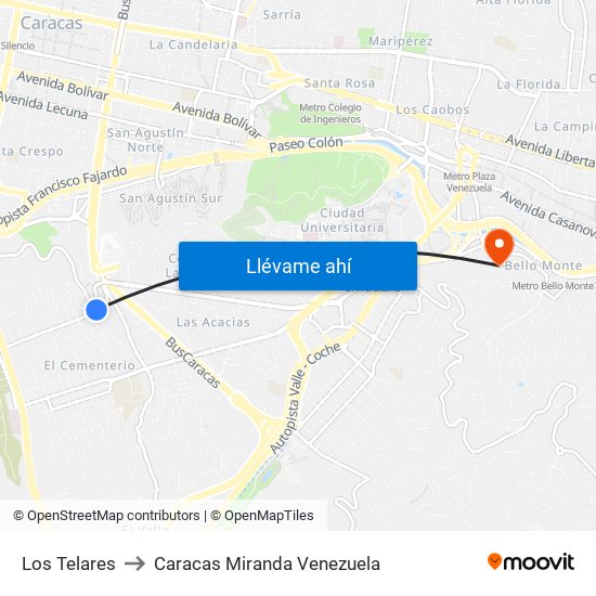 Los Telares to Caracas Miranda Venezuela map