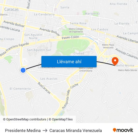 Presidente Medina to Caracas Miranda Venezuela map