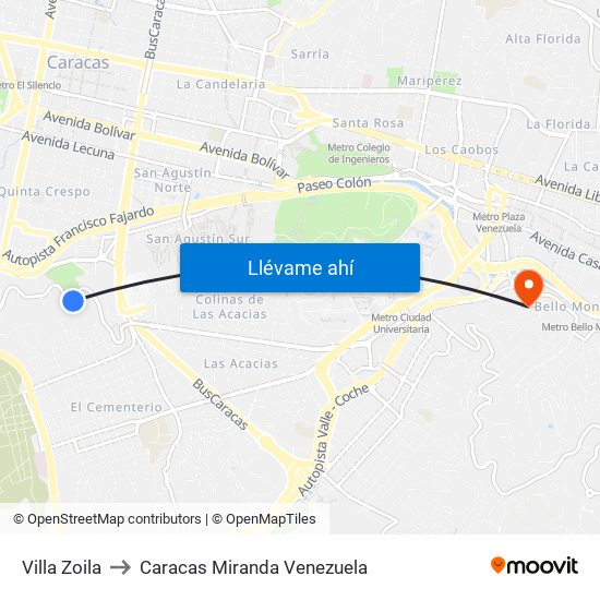 Villa Zoila to Caracas Miranda Venezuela map