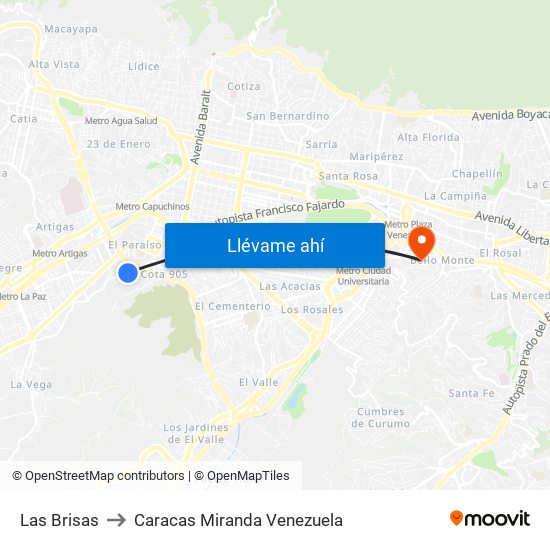 Las Brisas to Caracas Miranda Venezuela map