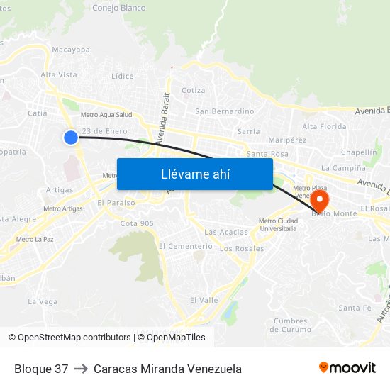Bloque 37 to Caracas Miranda Venezuela map