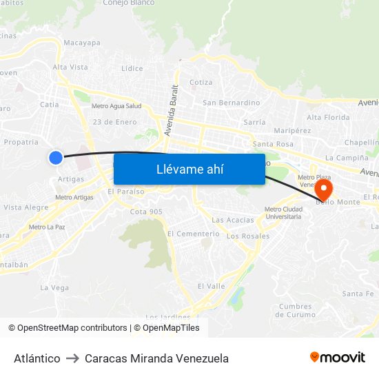 Atlántico to Caracas Miranda Venezuela map