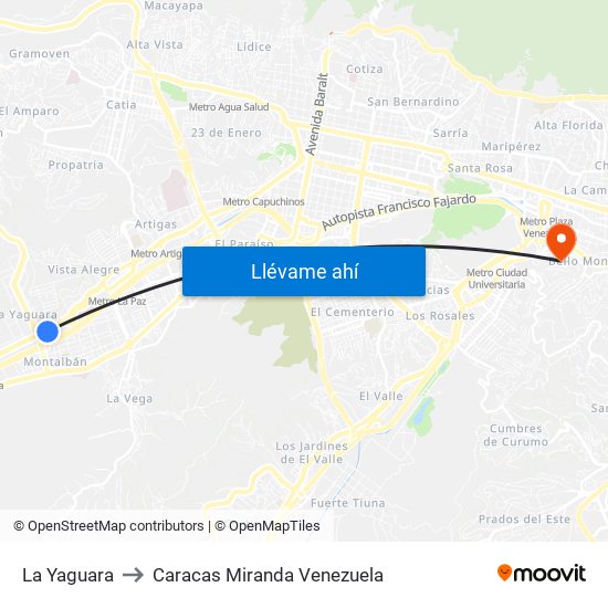 La Yaguara to Caracas Miranda Venezuela map