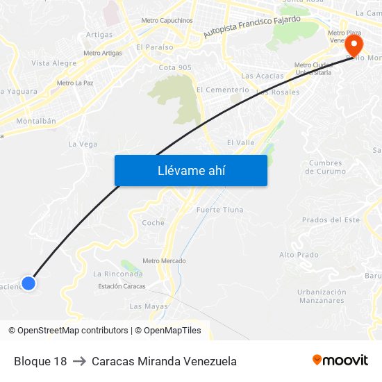 Bloque 18 to Caracas Miranda Venezuela map