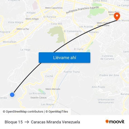 Bloque 15 to Caracas Miranda Venezuela map