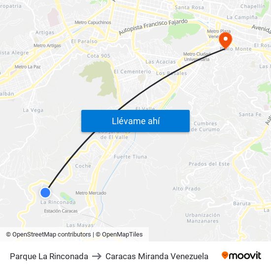 Parque La Rinconada to Caracas Miranda Venezuela map