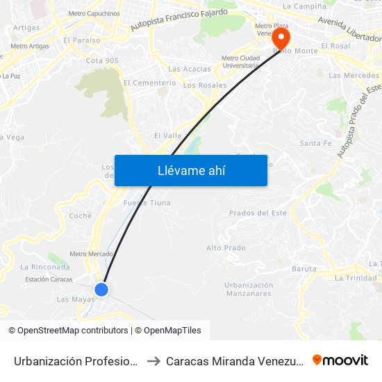 Urbanización Profesional to Caracas Miranda Venezuela map
