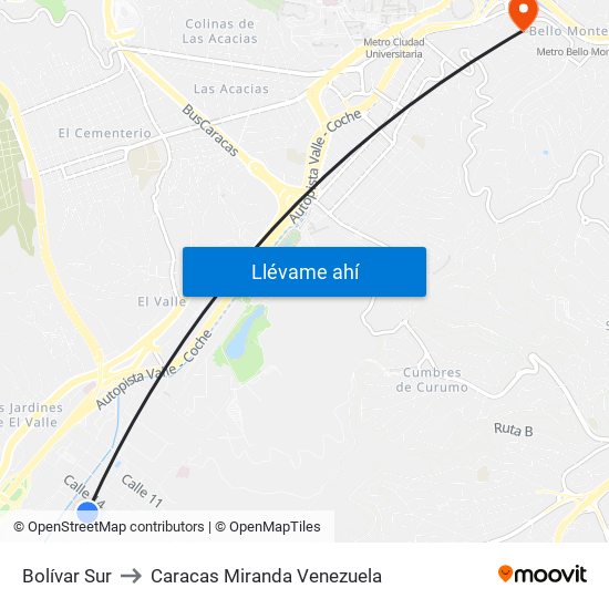 Bolívar Sur to Caracas Miranda Venezuela map