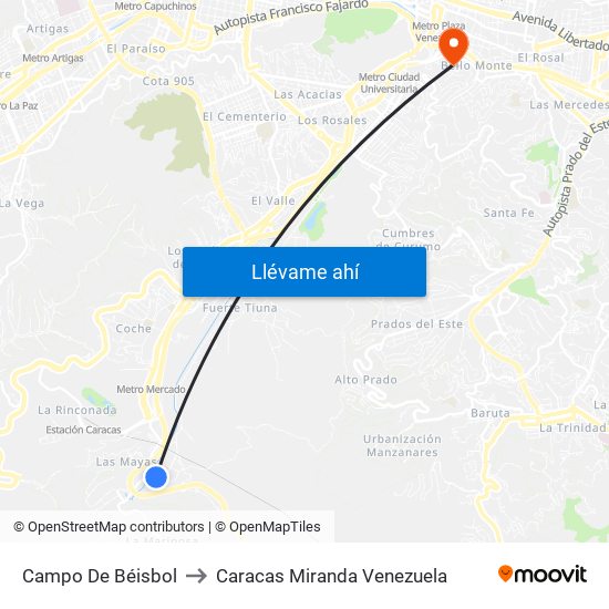 Campo De Béisbol to Caracas Miranda Venezuela map