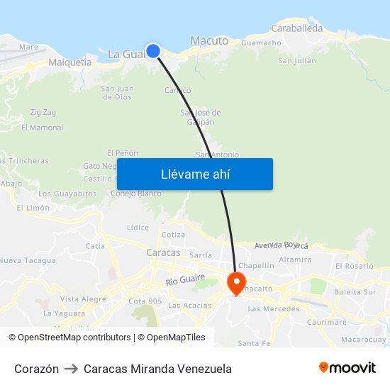 Corazón to Caracas Miranda Venezuela map