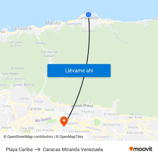 Playa Caribe to Caracas Miranda Venezuela map