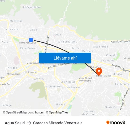 Agua Salud to Caracas Miranda Venezuela map