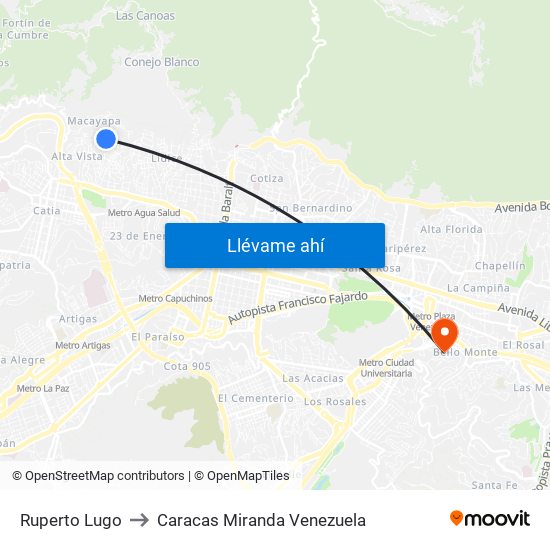 Ruperto Lugo to Caracas Miranda Venezuela map