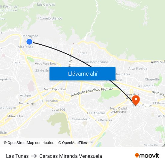 Las Tunas to Caracas Miranda Venezuela map