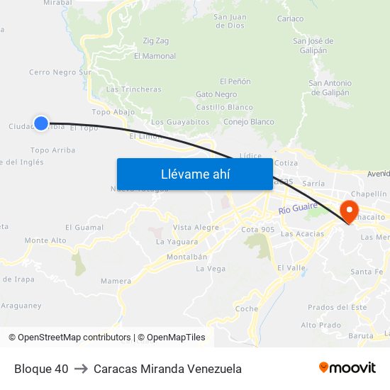 Bloque 40 to Caracas Miranda Venezuela map