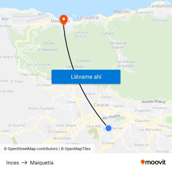 Inces to Maiquetía map