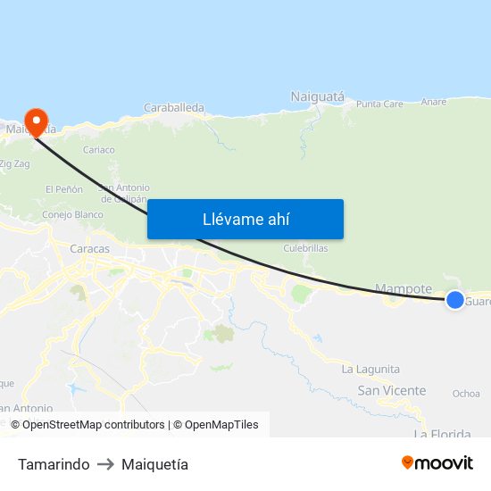 Tamarindo to Maiquetía map