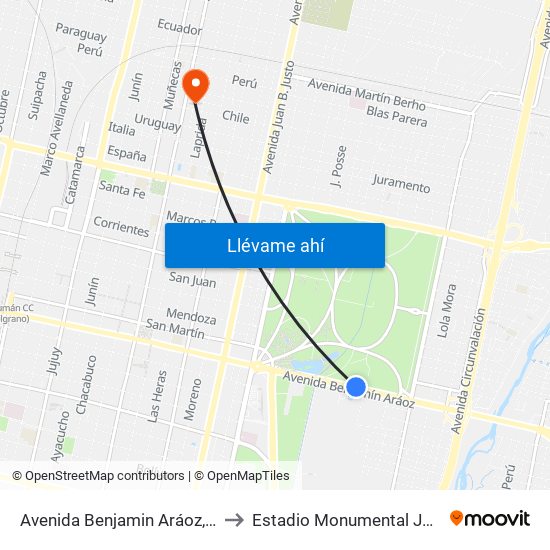 Avenida Benjamin Aráoz, 301-949 to Estadio Monumental José Fierro map