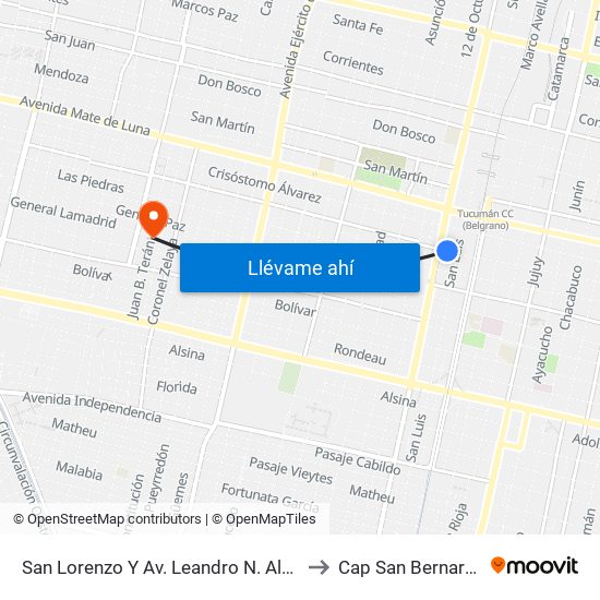 San Lorenzo Y Av. Leandro N. Alem to Cap San Bernardo map