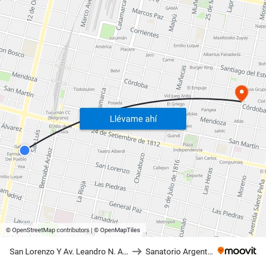 San Lorenzo Y Av. Leandro N. Alem to Sanatorio Argentino map