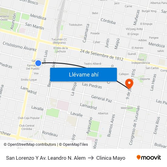 San Lorenzo Y Av. Leandro N. Alem to Clinica Mayo map