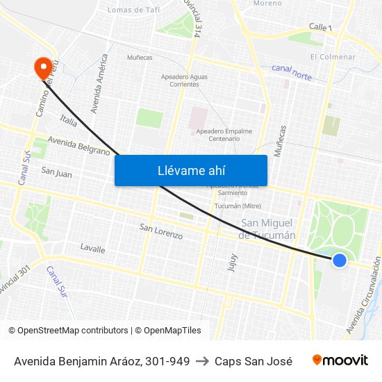 Avenida Benjamin Aráoz, 301-949 to Caps San José map