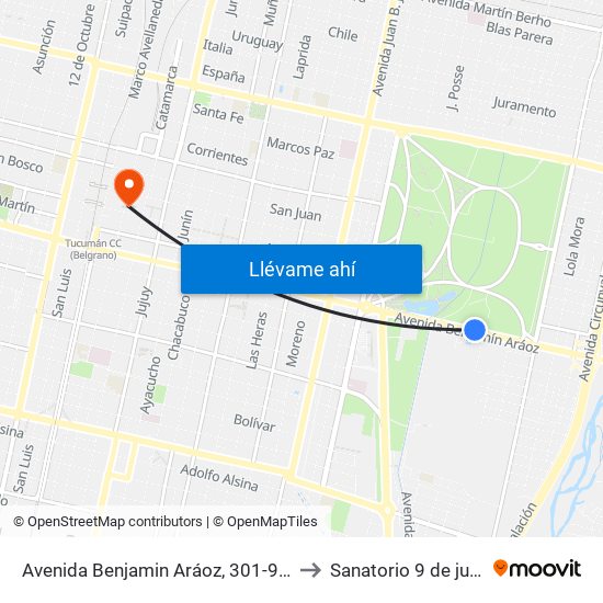 Avenida Benjamin Aráoz, 301-949 to Sanatorio 9 de julio map