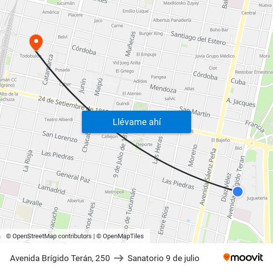 Avenida Brígido Terán, 250 to Sanatorio 9 de julio map