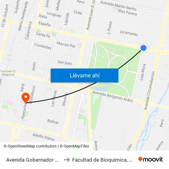 Avenida Gobernador Del Campo, 1118 to Facultad de Bioquimica, Quimica y Farmacia map