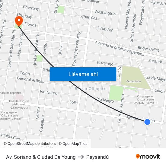 Av. Soriano & Ciudad De Young to Paysandú map
