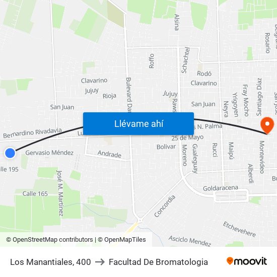 Los Manantiales, 400 to Facultad De Bromatologia map