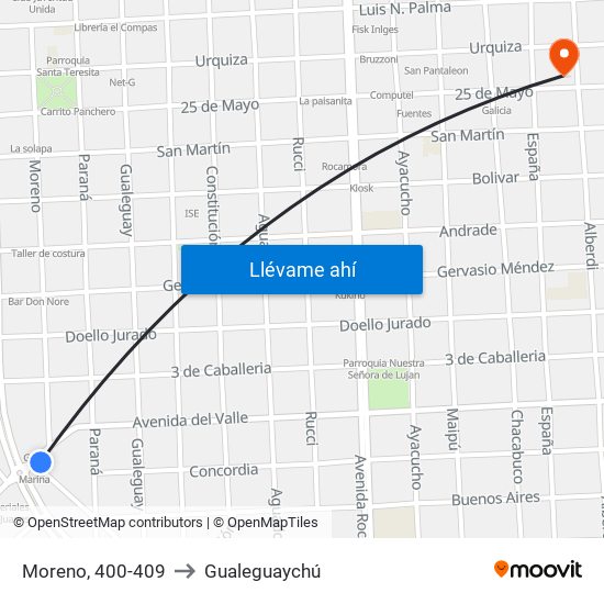 Moreno, 400-409 to Gualeguaychú map