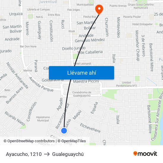 Ayacucho, 1210 to Gualeguaychú map