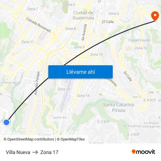 Villa Nueva to Zona 17 map