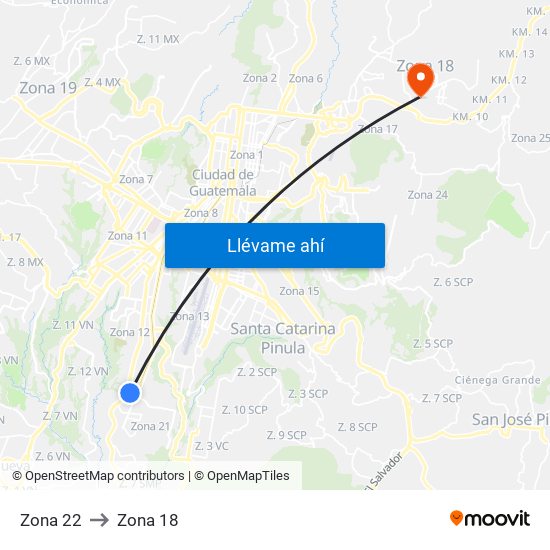 Zona 22 to Zona 18 map