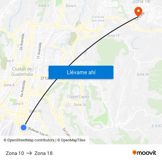 Zona 10 to Zona 18 map