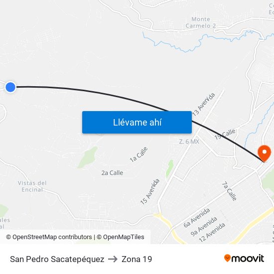 San Pedro Sacatepéquez to Zona 19 map