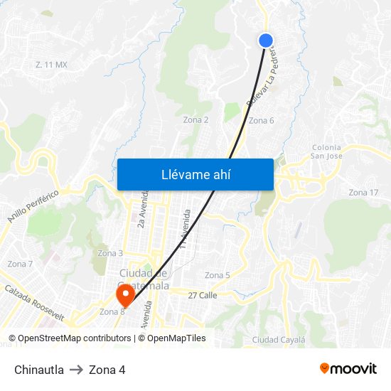 Chinautla to Zona 4 map